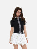 DAXUEN Cropped polka dot knit top with collar