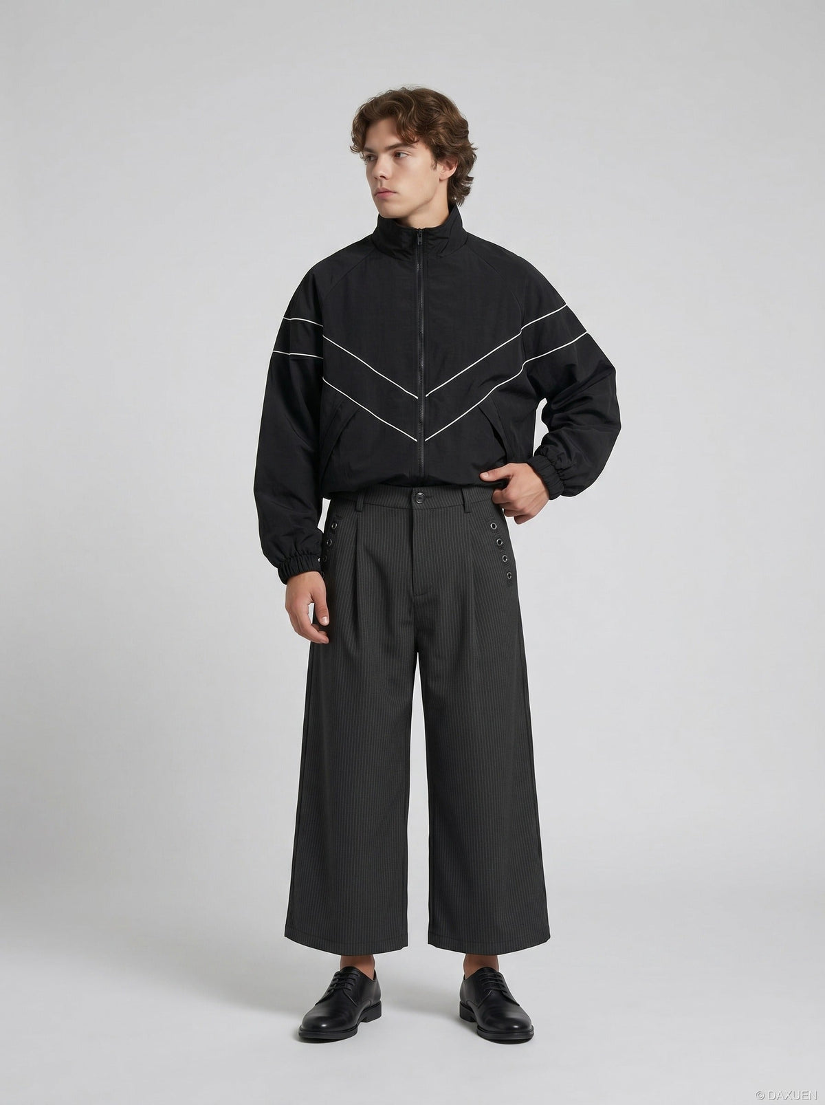 DAXUEN Cropped wide-leg culotte pants with pinstripes — model photo