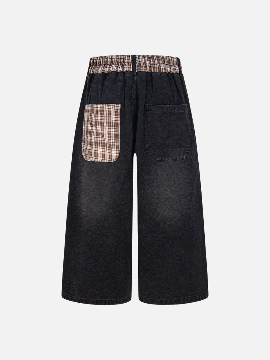 DAXUEN Cropped wide-leg denim pants with embroidery and plaid details