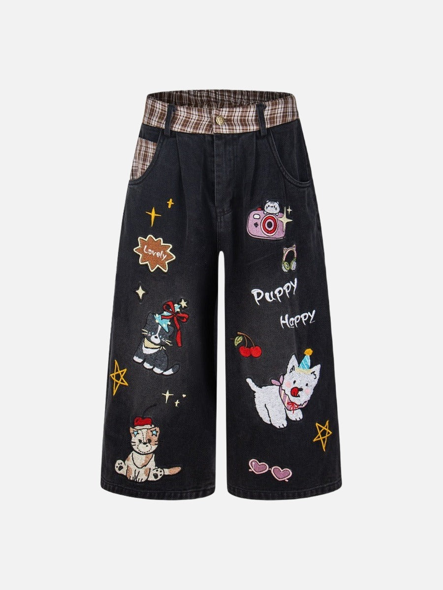 DAXUEN Cropped wide-leg denim pants with embroidery and plaid details