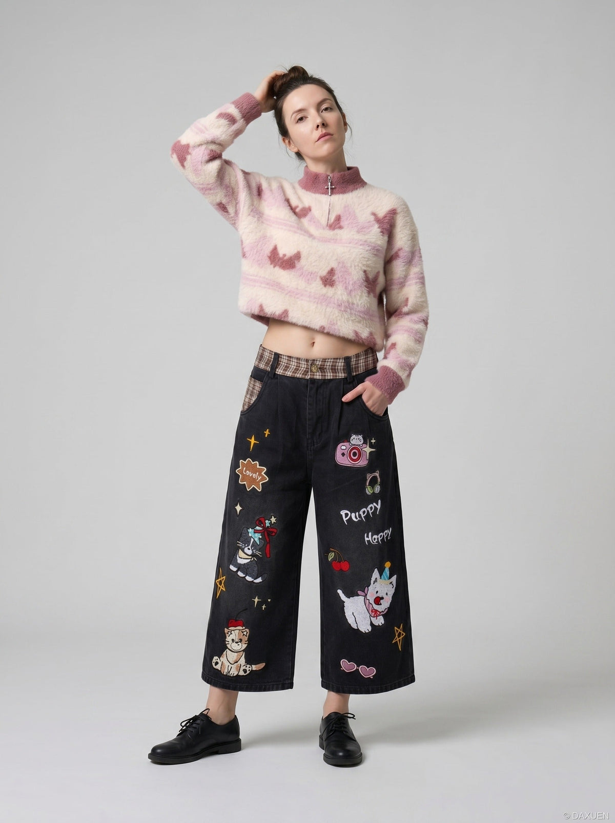 DAXUEN Cropped Wide-Leg Denim Pants | DAXUEN — model photo