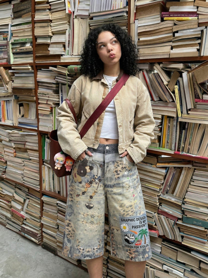 DAXUEN Cropped wide-leg digital print pants with bear graphic — model photo