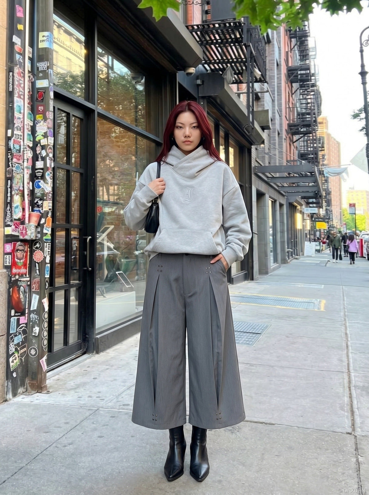 DAXUEN Cropped wide-leg trousers in medium-grey with decorative studs — model photo