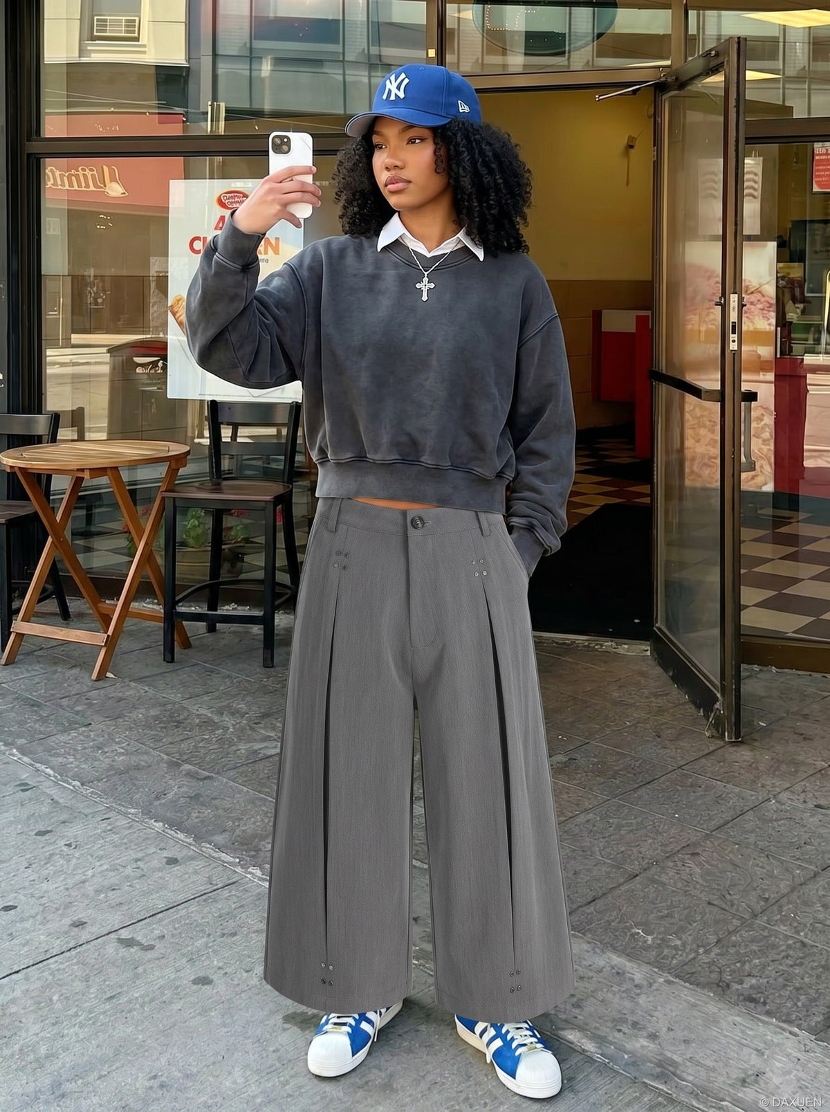 DAXUEN Cropped wide-leg trousers in medium-grey with decorative studs — model photo