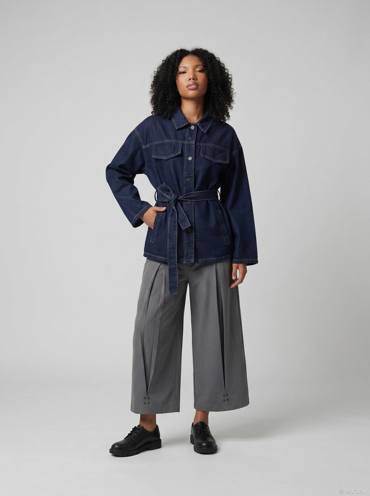 DAXUEN Cropped wide-leg trousers in medium-grey with decorative studs — model photo