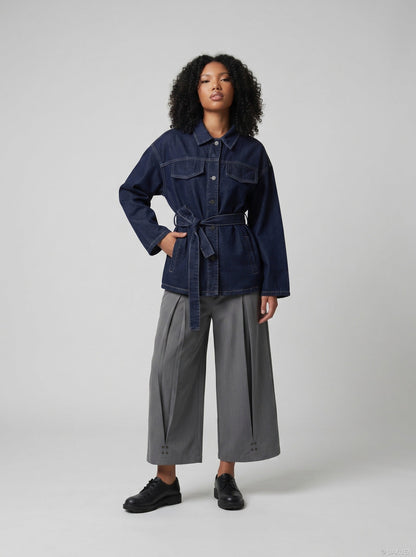 DAXUEN Cropped wide-leg trousers in medium-grey with decorative studs — model photo
