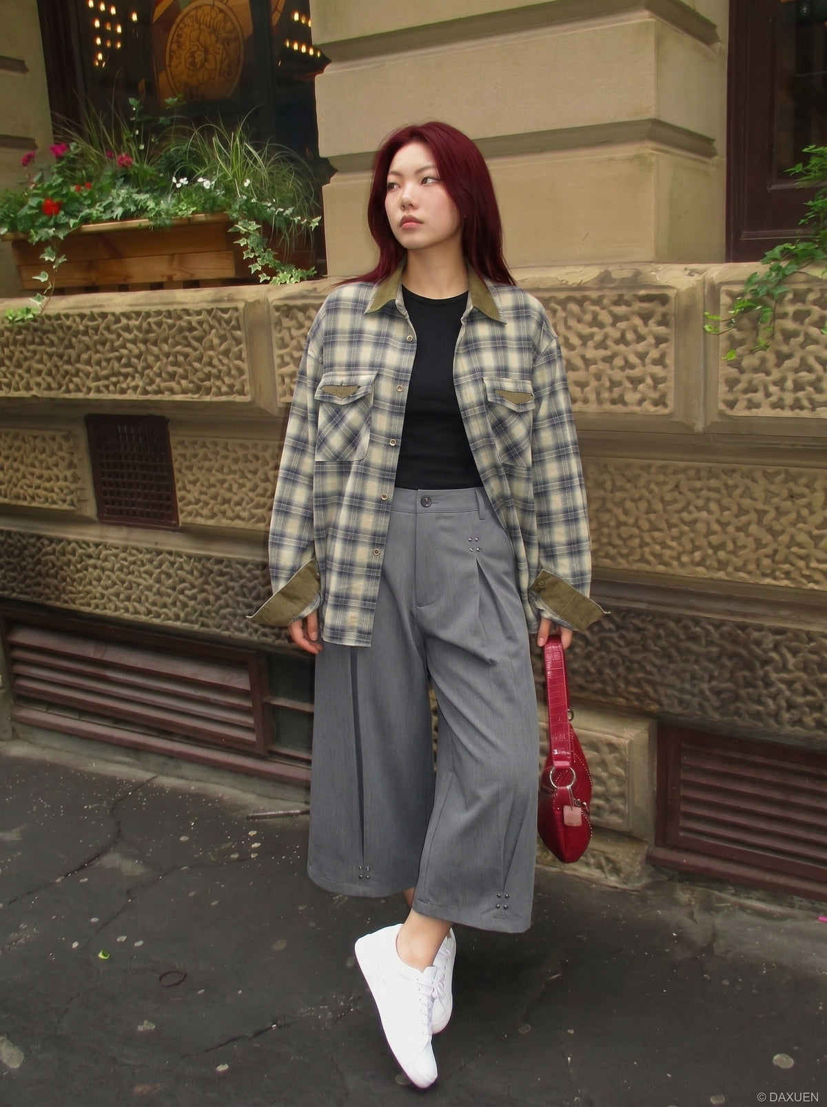 DAXUEN Cropped wide-leg trousers in medium-grey with decorative studs — model photo