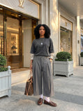 DAXUEN Cropped wide-leg trousers in medium-grey with decorative studs — model photo
