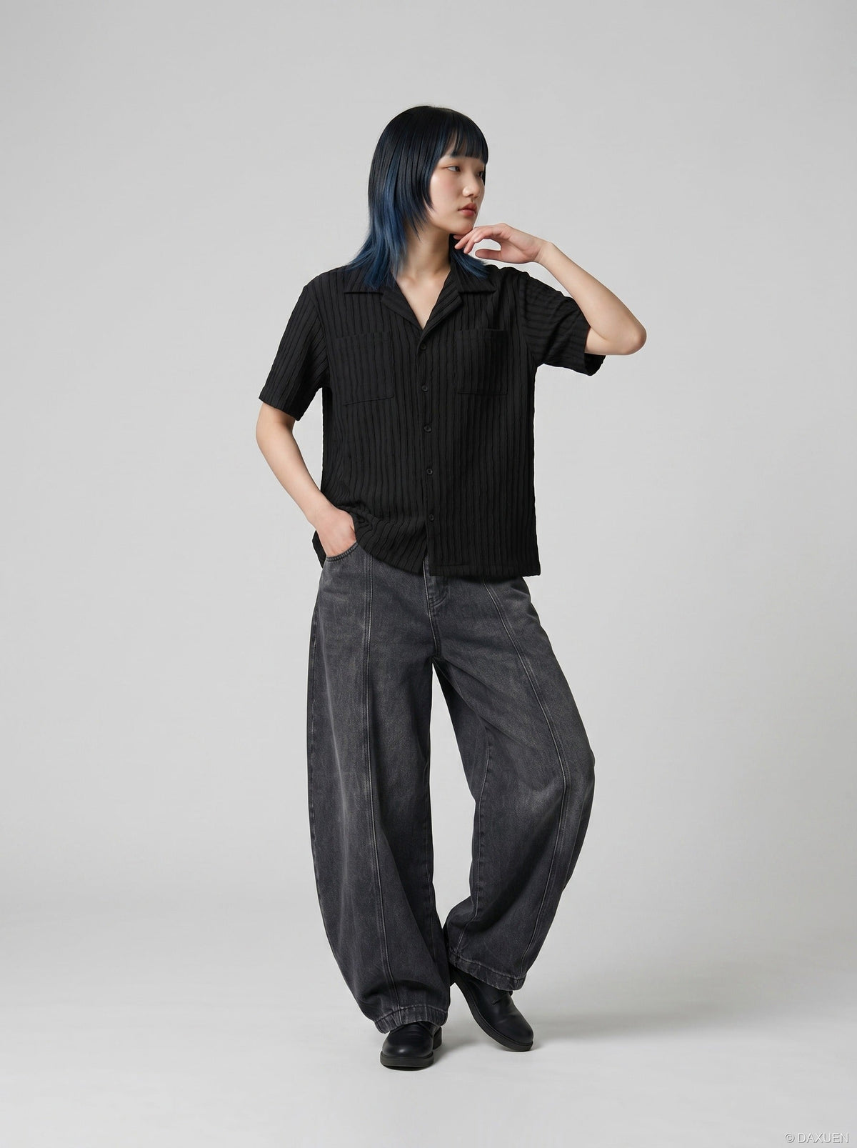 DAXUEN Cuban collar crinkled button-up shirt — model photo