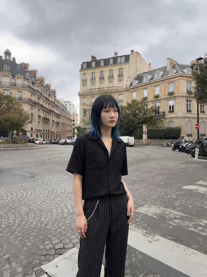 DAXUEN Cuban collar crinkled button-up shirt — model photo