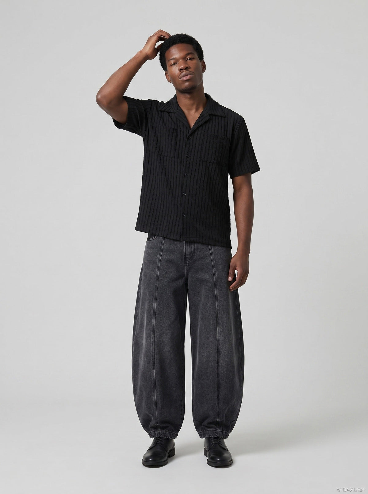 DAXUEN Cuban collar crinkled button-up shirt — model photo