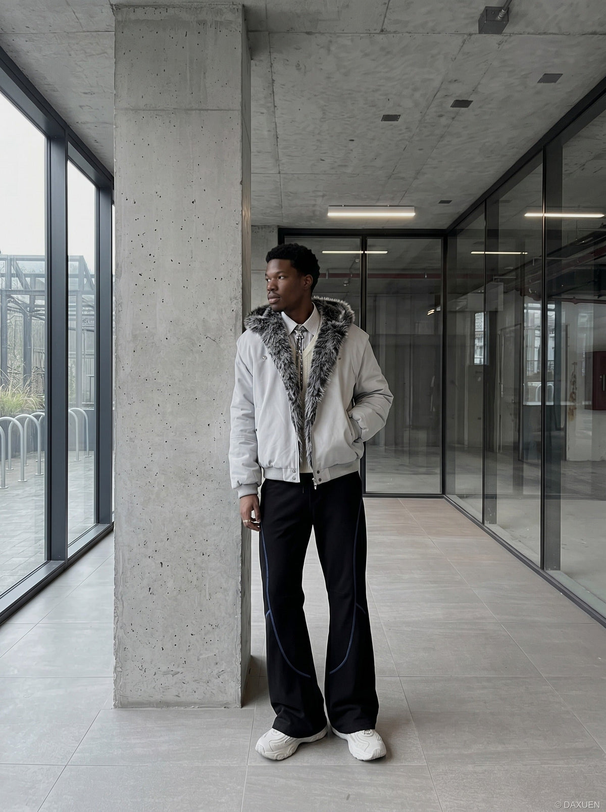 DAXUEN soft matte knit flared pants with contrast stitching — model photo