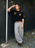 DAXUEN light grey curved-knife wide-leg trousers — model photo