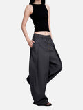 DAXUEN dark grey curved leg high-rise trousers with button detail