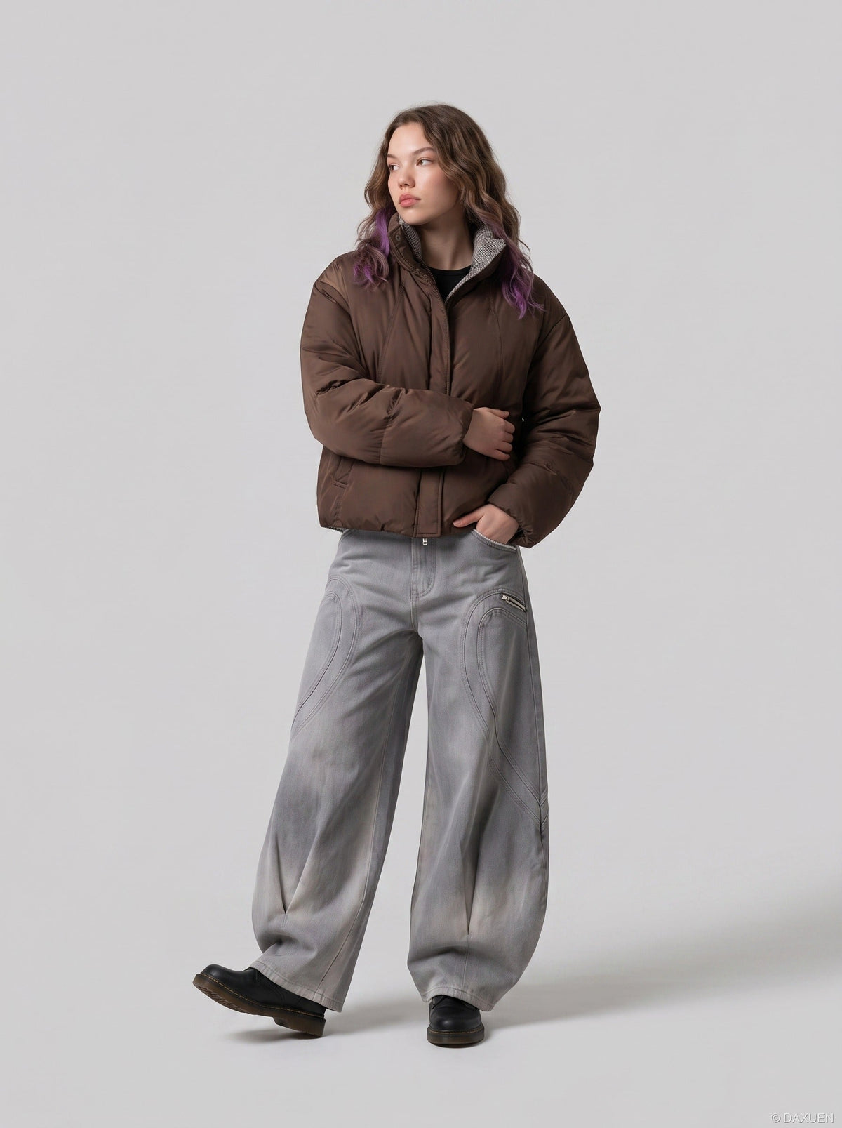 DAXUEN faded grey oversized curved-panel denim pants — model photo