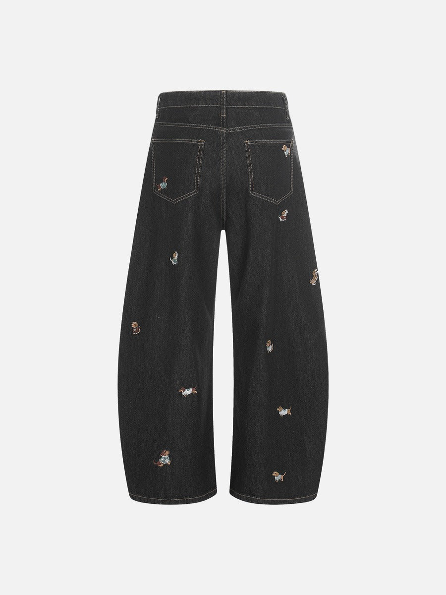 DAXUEN Wide leg denim trousers with dachshund embroidery