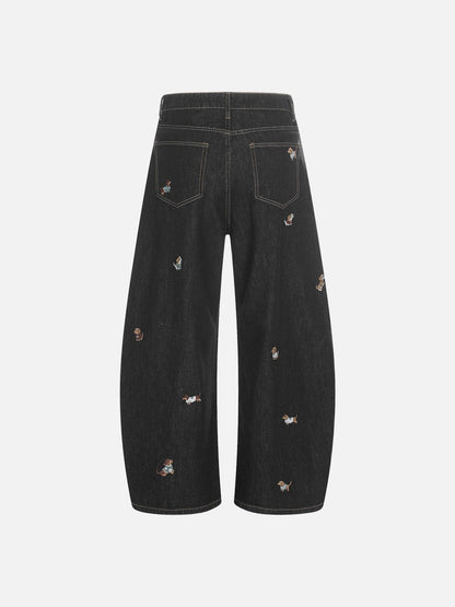 DAXUEN Wide leg denim trousers with dachshund embroidery
