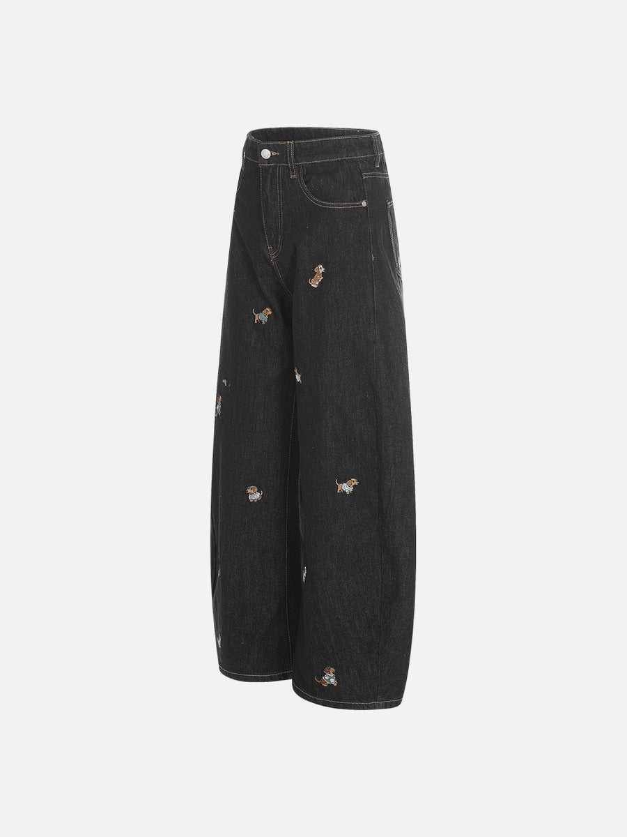 DAXUEN Wide leg denim trousers with dachshund embroidery