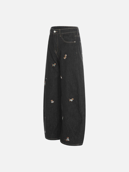 DAXUEN Wide leg denim trousers with dachshund embroidery