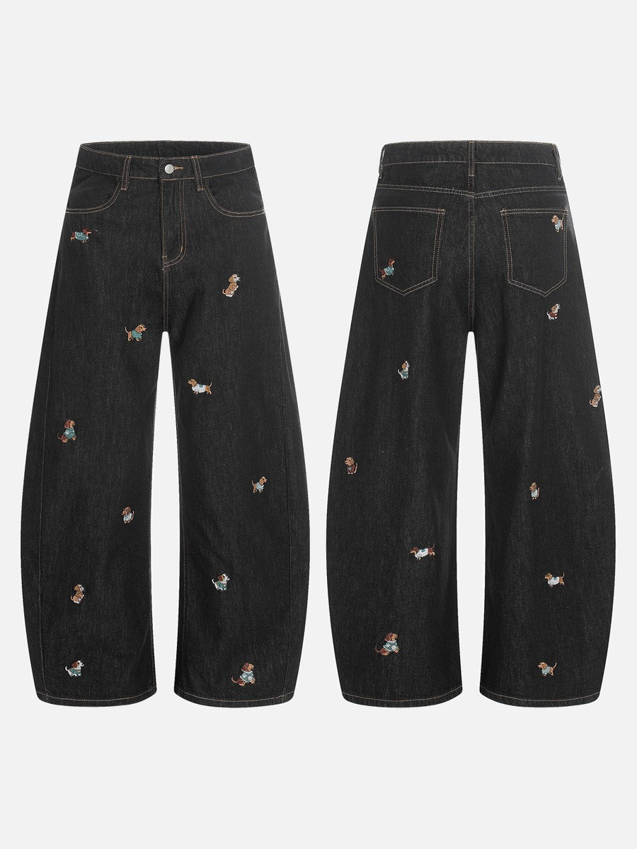 DAXUEN Wide leg denim trousers with dachshund embroidery