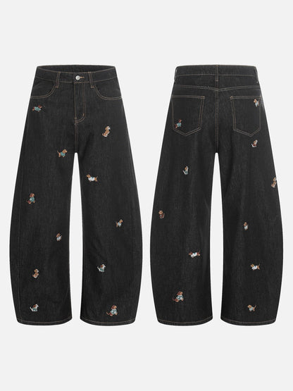DAXUEN Wide leg denim trousers with dachshund embroidery