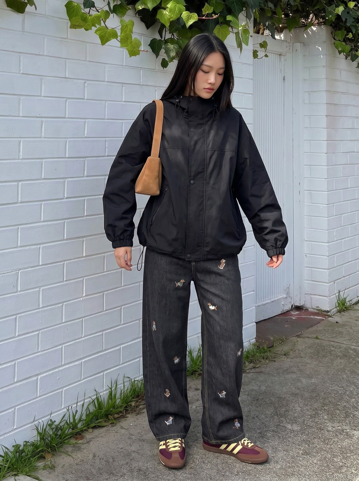 DAXUEN Wide leg denim trousers with dachshund embroidery — model photo