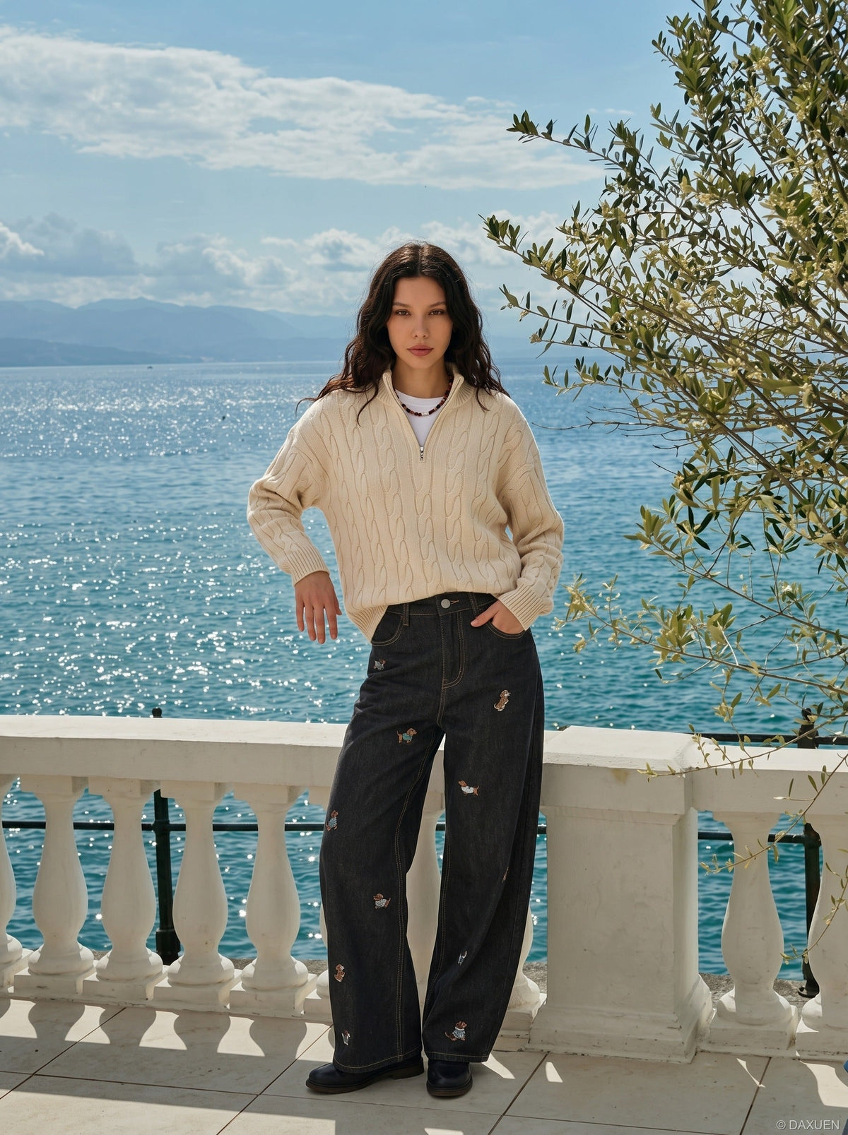 DAXUEN Wide leg denim trousers with dachshund embroidery — model photo