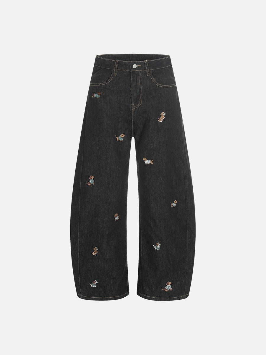 DAXUEN Wide leg denim trousers with dachshund embroidery