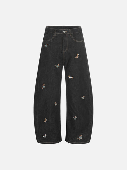 DAXUEN Wide leg denim trousers with dachshund embroidery