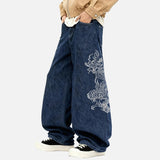 DAXUEN Dark blue baggy denim jeans with dragon embroidery