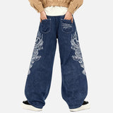 DAXUEN Dark blue baggy denim jeans with dragon embroidery