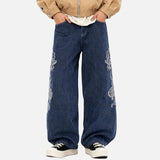 DAXUEN Dark blue baggy denim jeans with dragon embroidery