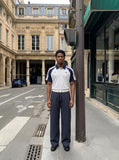 DAXUEN dark blue casual pants with grid pattern — model photo