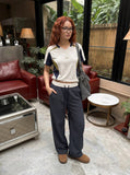 DAXUEN dark blue casual pants with grid pattern — model photo