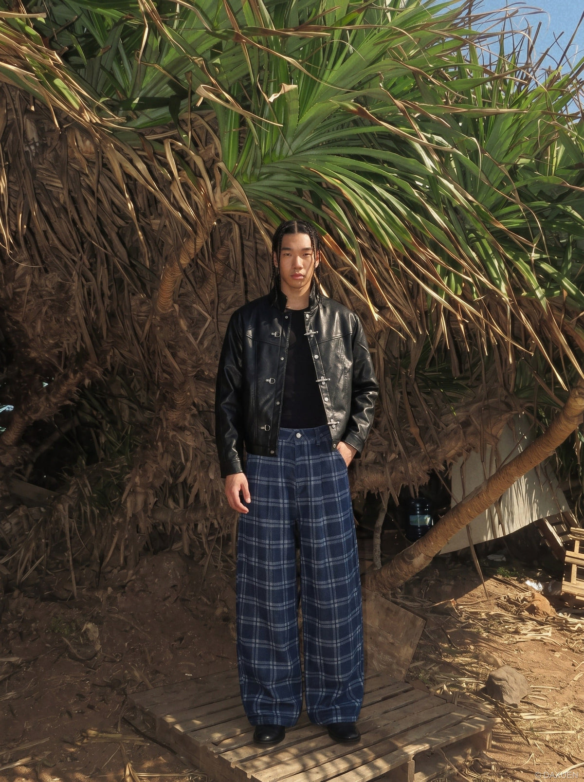 Dark Blue Plaid Wide-Leg Trousers