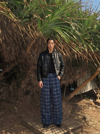 Dark Blue Plaid Wide-Leg Trousers