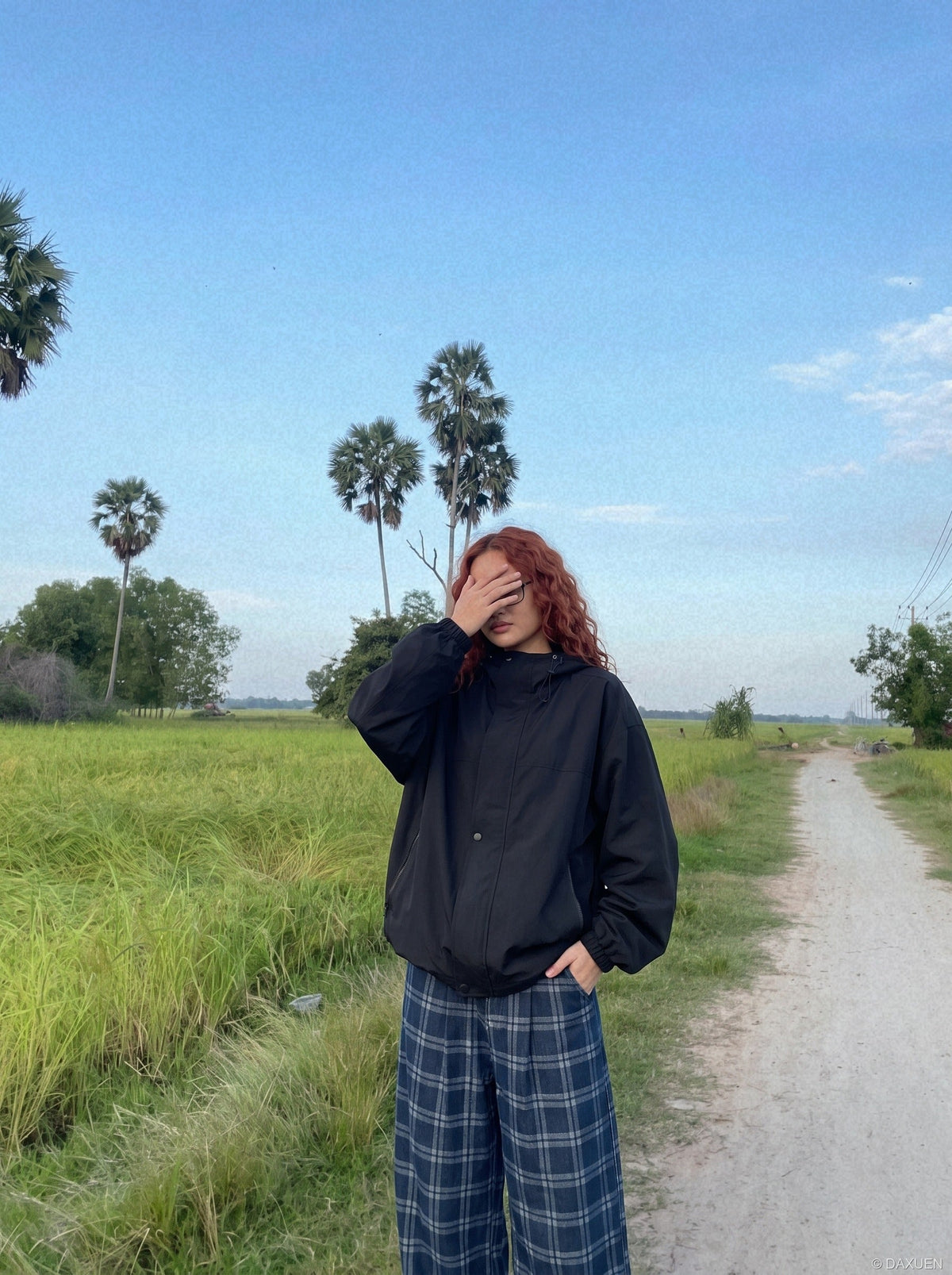 Dark Blue Plaid Wide-Leg Trousers