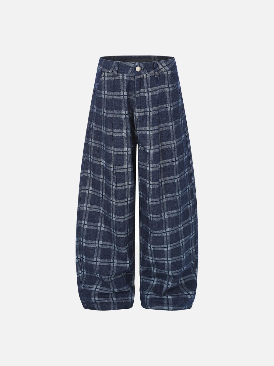 Dark Blue Plaid Wide-Leg Trousers