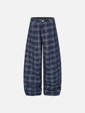 Dark Blue Plaid Wide-Leg Trousers
