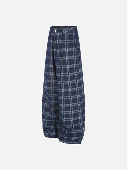 Dark Blue Plaid Wide-Leg Trousers