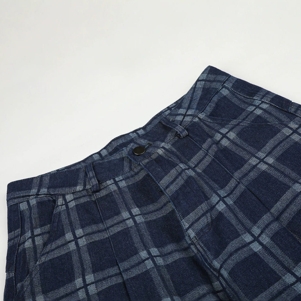 Dark Blue Plaid Wide-Leg Trousers