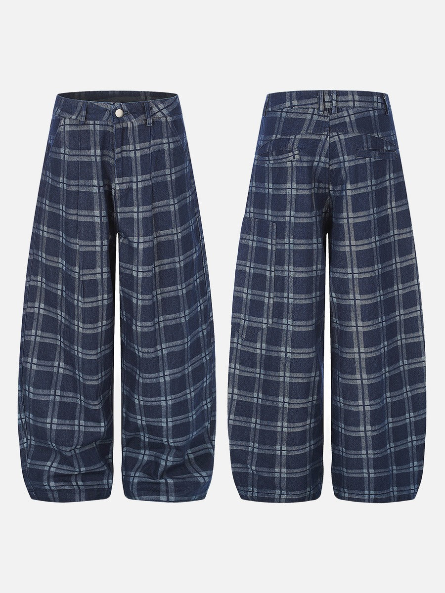 Dark Blue Plaid Wide-Leg Trousers