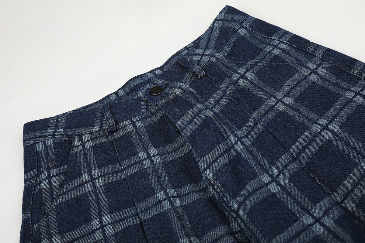 Dark Blue Plaid Wide-Leg Trousers