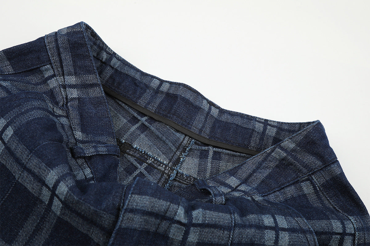 Dark Blue Plaid Wide-Leg Trousers