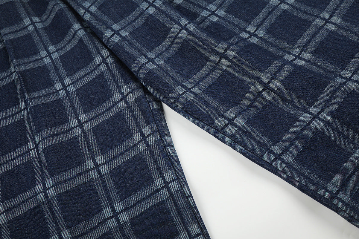 Dark Blue Plaid Wide-Leg Trousers