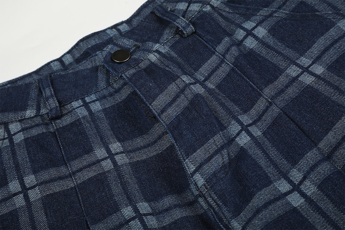 Dark Blue Plaid Wide-Leg Trousers