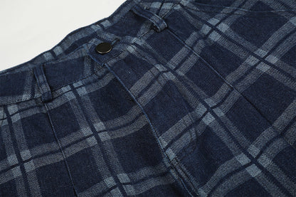 Dark Blue Plaid Wide-Leg Trousers