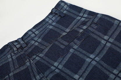 Dark Blue Plaid Wide-Leg Trousers