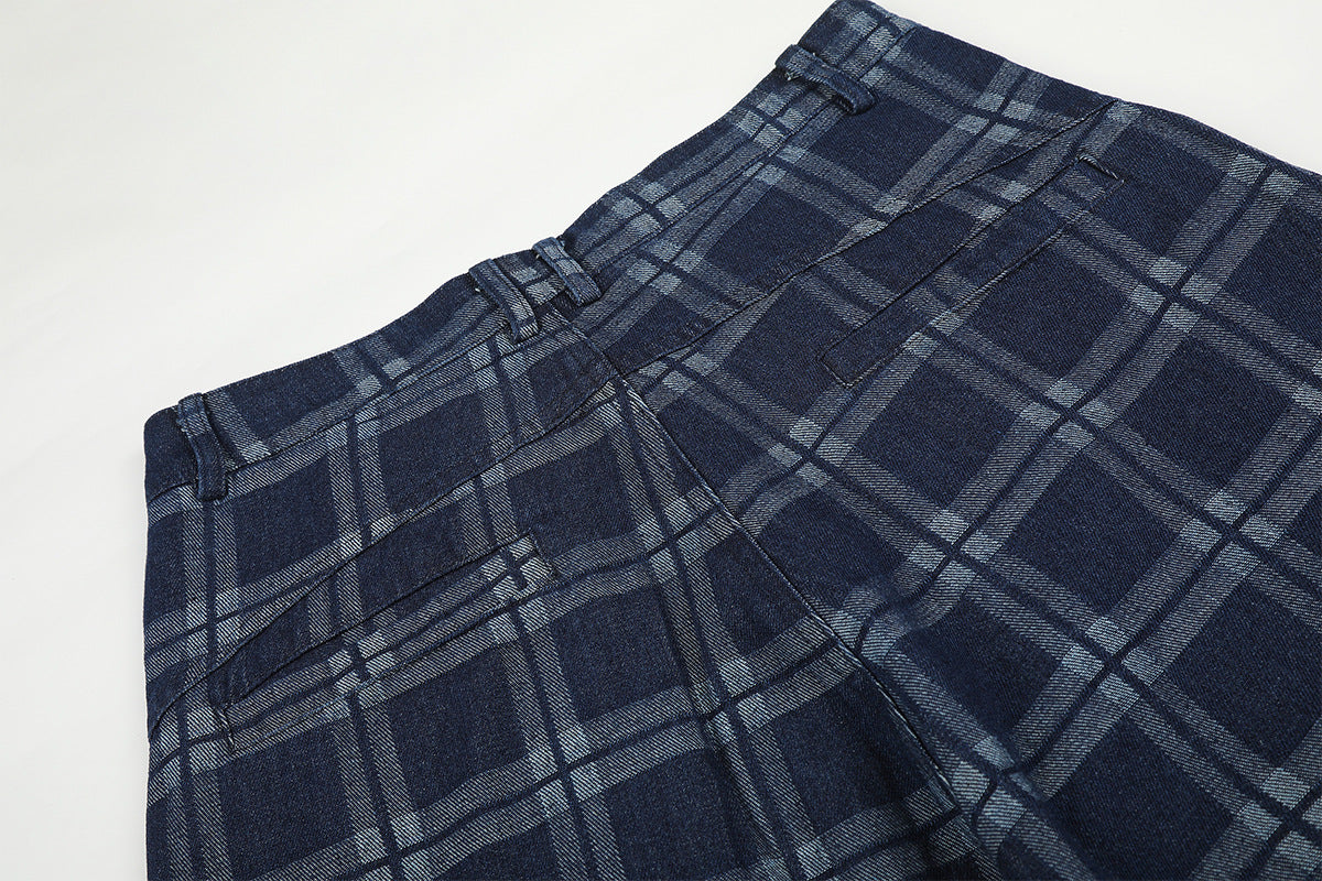 Dark Blue Plaid Wide-Leg Trousers