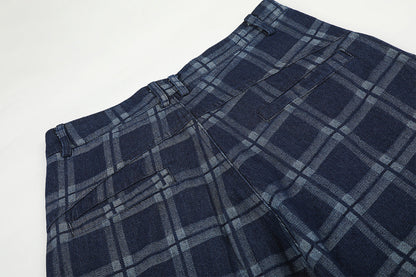 Dark Blue Plaid Wide-Leg Trousers